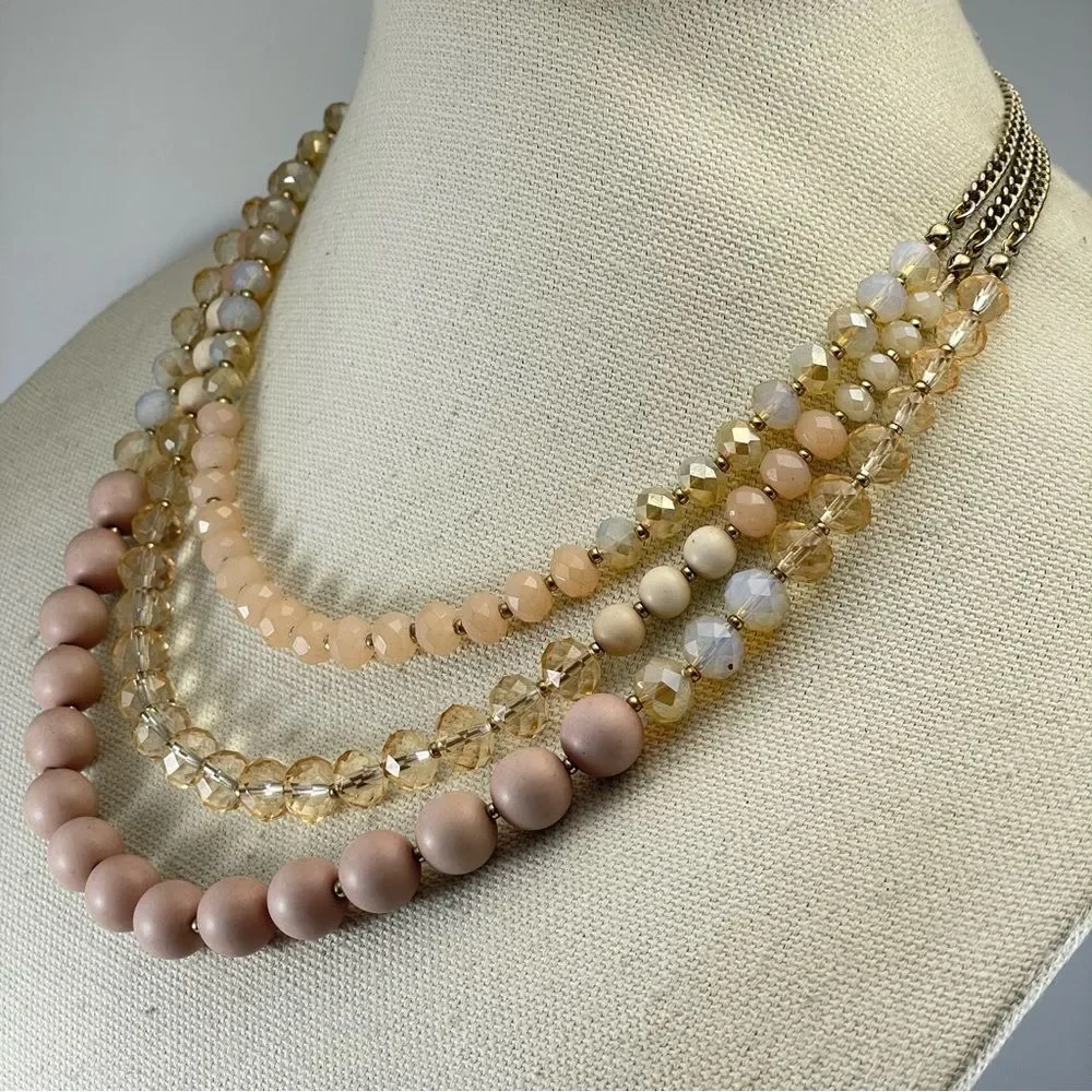 The Limited Gold Tone Blush Angle White Glass Wood Beaded Multi Layered Necklace